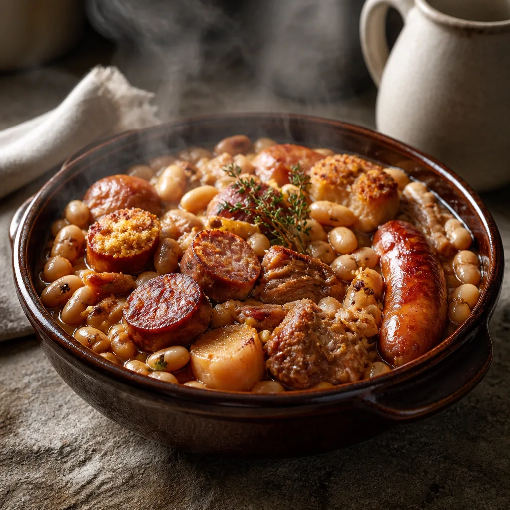 Cassoulet maison mijotant dans une cocotte en fonte, recette de grand-mère