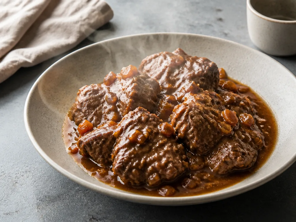 Joue de porc fondante dans sa sauce, avec carottes et oignons, mijotée en cocotte