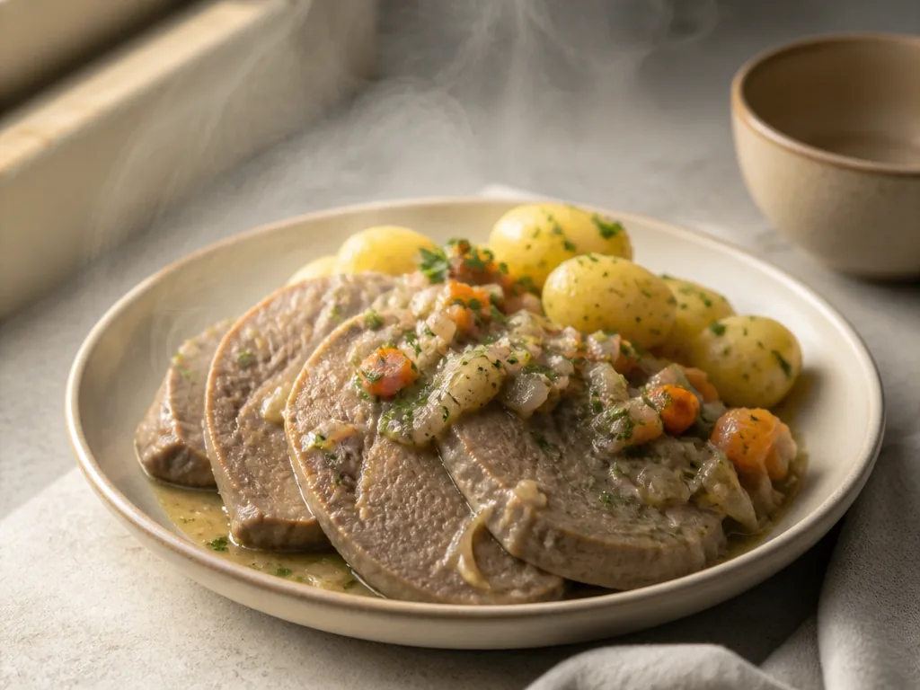 Langue de bœuf façon grand-mère nappée de sauce madère onctueuse
