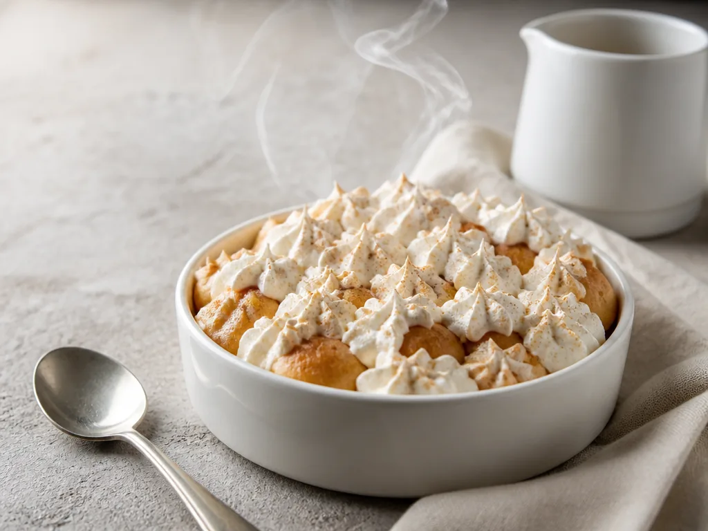 Goutillon à la chantilly sur une assiette en porcelaine, dans une pâtisserie