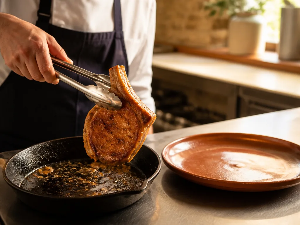 Tranches d'araignée de porc rosées dans une assiette, accompagnées d'une sauce réduite