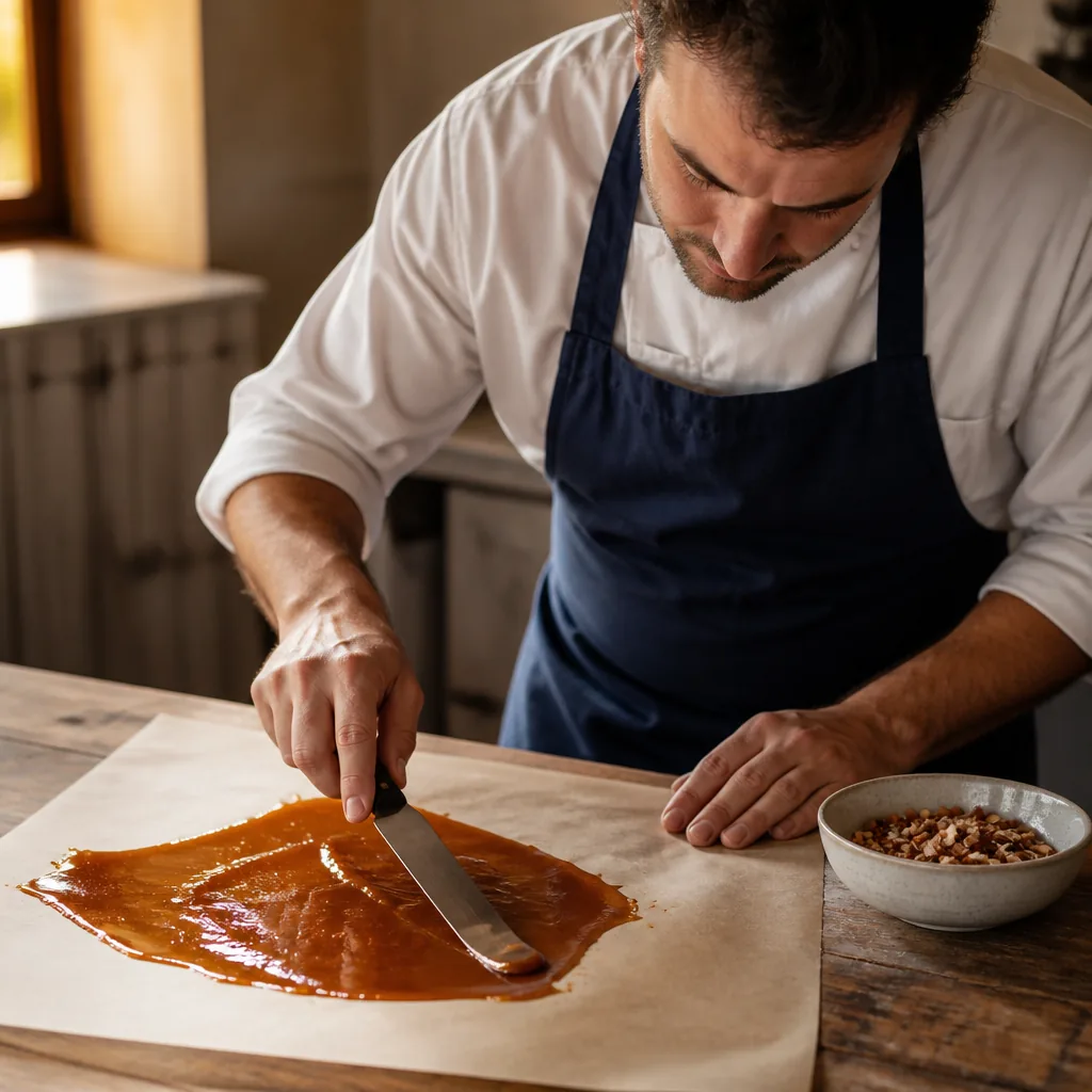 Caramel doré étalé sur une plaque, préparant une nougatine fine et croquante