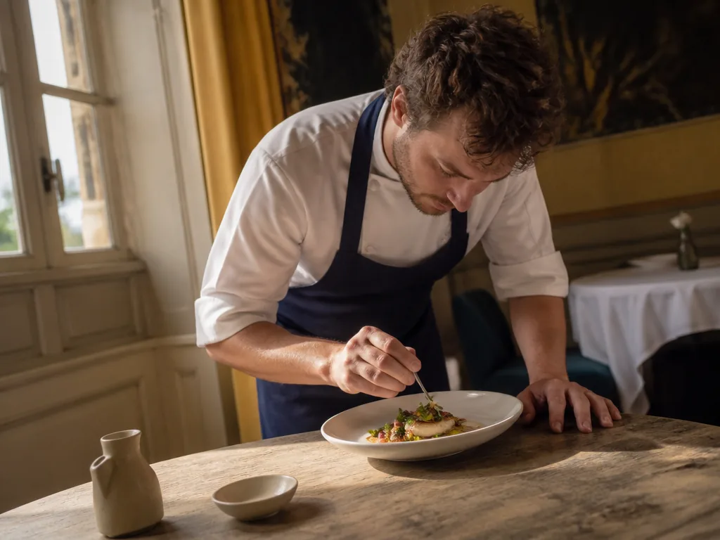 Salle élégante d'un restaurant gastronomique à Chantilly, tables dressées pour un repas d'exception